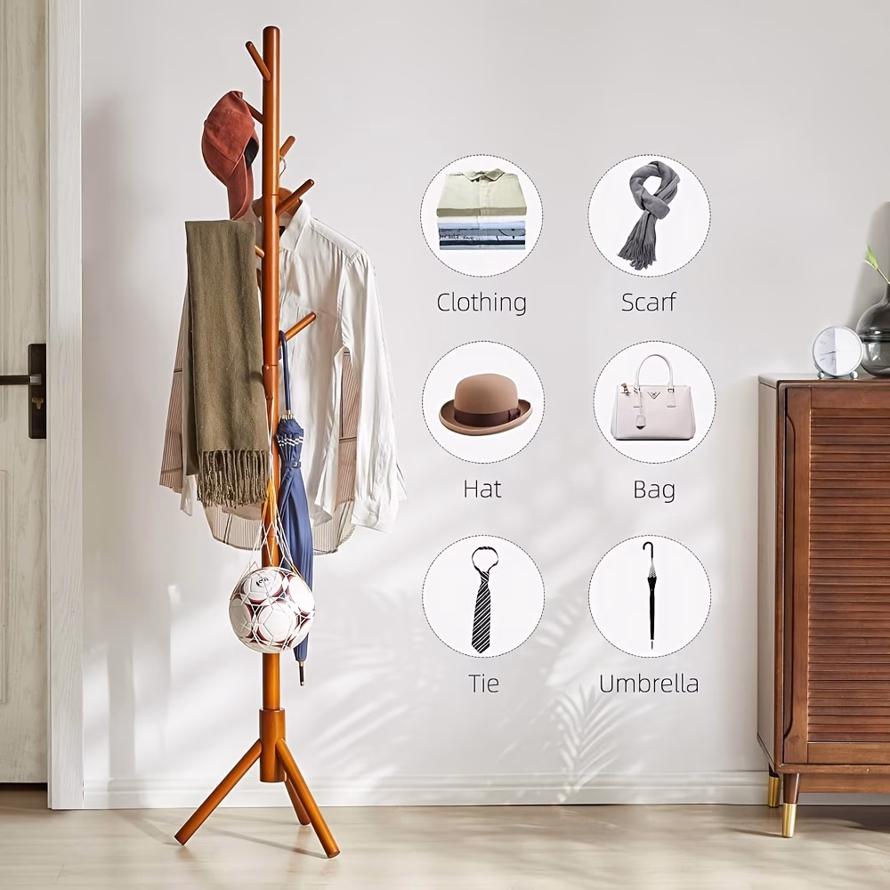 Wooden Coat Rack Stand with 8 Hooks Walnut Beech Wood Freestanding Entryway Hat and Bag Tree with Stable Base – Stylish and Practical Storage for Your Entryway
