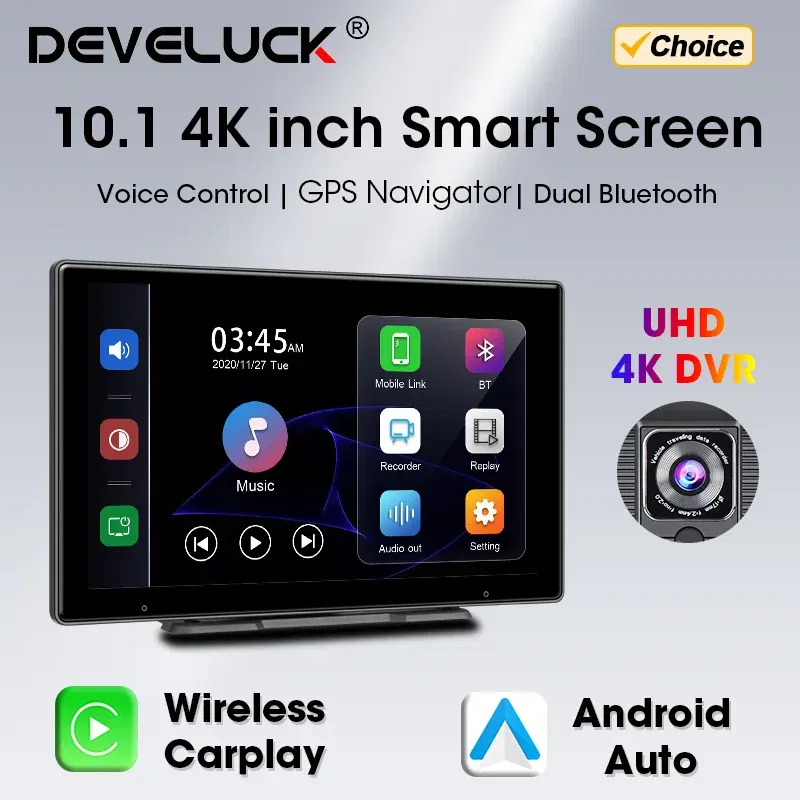 16g - 10.1" 4K Dash Cam Wireless Carplay Android Auto GPS Navigation Car DVR Rearview Camera Dashboard Video Recorder Monitor Park AUX