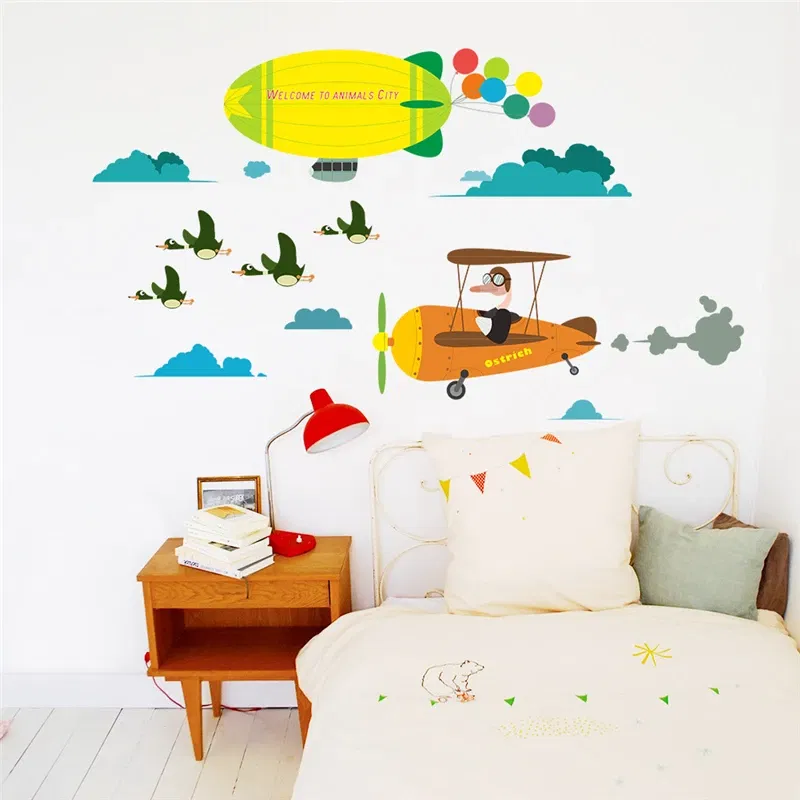 Color: Coffee - Funny Animals Bird Swinging Wall Stickers Kids Room Decoration Diy Cartoon Monkey Giraffe Lion Mural Art Pvc Posters Home Decals