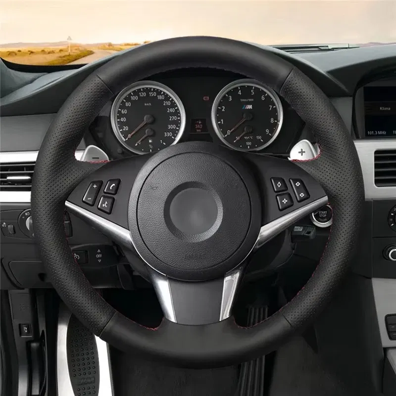 Color Name: Silver - Car Steering Wheel Cover For BMW E60 E61 530d 545i 550i E63 E64 630i 645Ci 650i Hand-stitched Microfiber Leather Interior