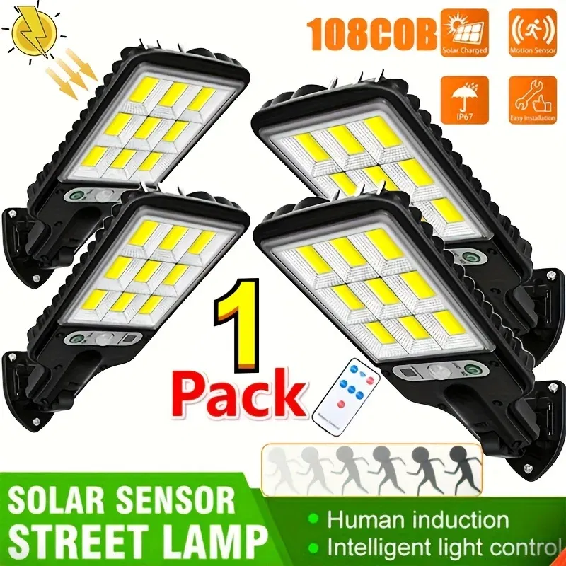 Emitting Color: Blue - 28SMD/108COB Sensor Street Lamp 3 Light Modes Outdoor Waterproof Security Solar Lamps for Garden Patio Path Remote Control Light