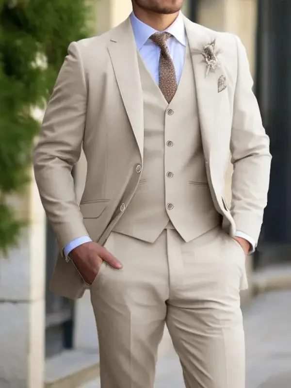 Color: Beige, Size: 5XL - 3 Pieces Beige Suits for Men Fashion Slim Fit Blazer Vest Pants Set Formal Business Wedding Tuxedos for Men Casual Clothing