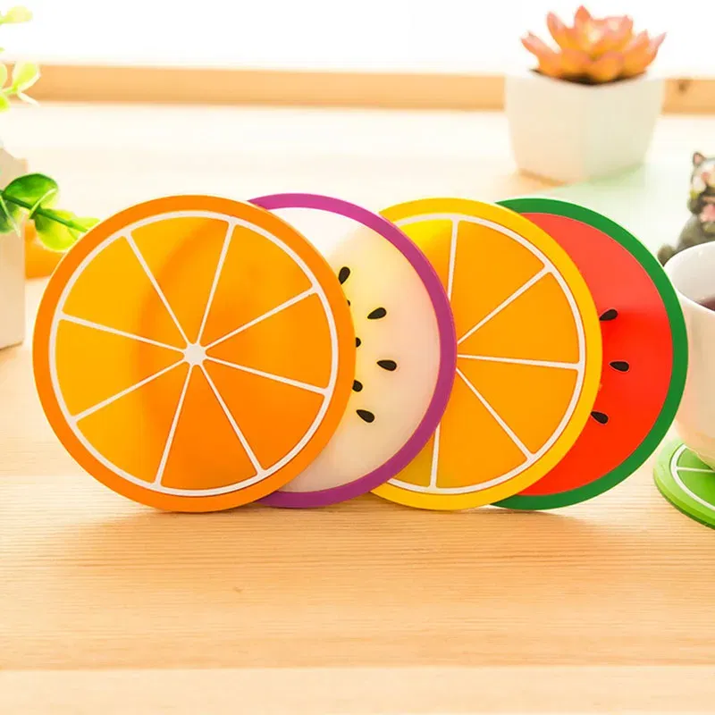 Color: Orange, Shape Style: Round - Silicone Coaster Mini Round Fruit Pattern Drink Coaster Hot Drink Holder Hot Coffee Tray Desktop Insulation Pad Cute Creative