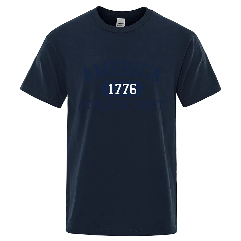 Color: SKY BLUE, Size: S - America 1776 Athletic Dept Letter Tshirt Man Fashion Tee Clothes Summer Luxury T-Shirt Hip Hop Breathable Cotton Tee Clothes