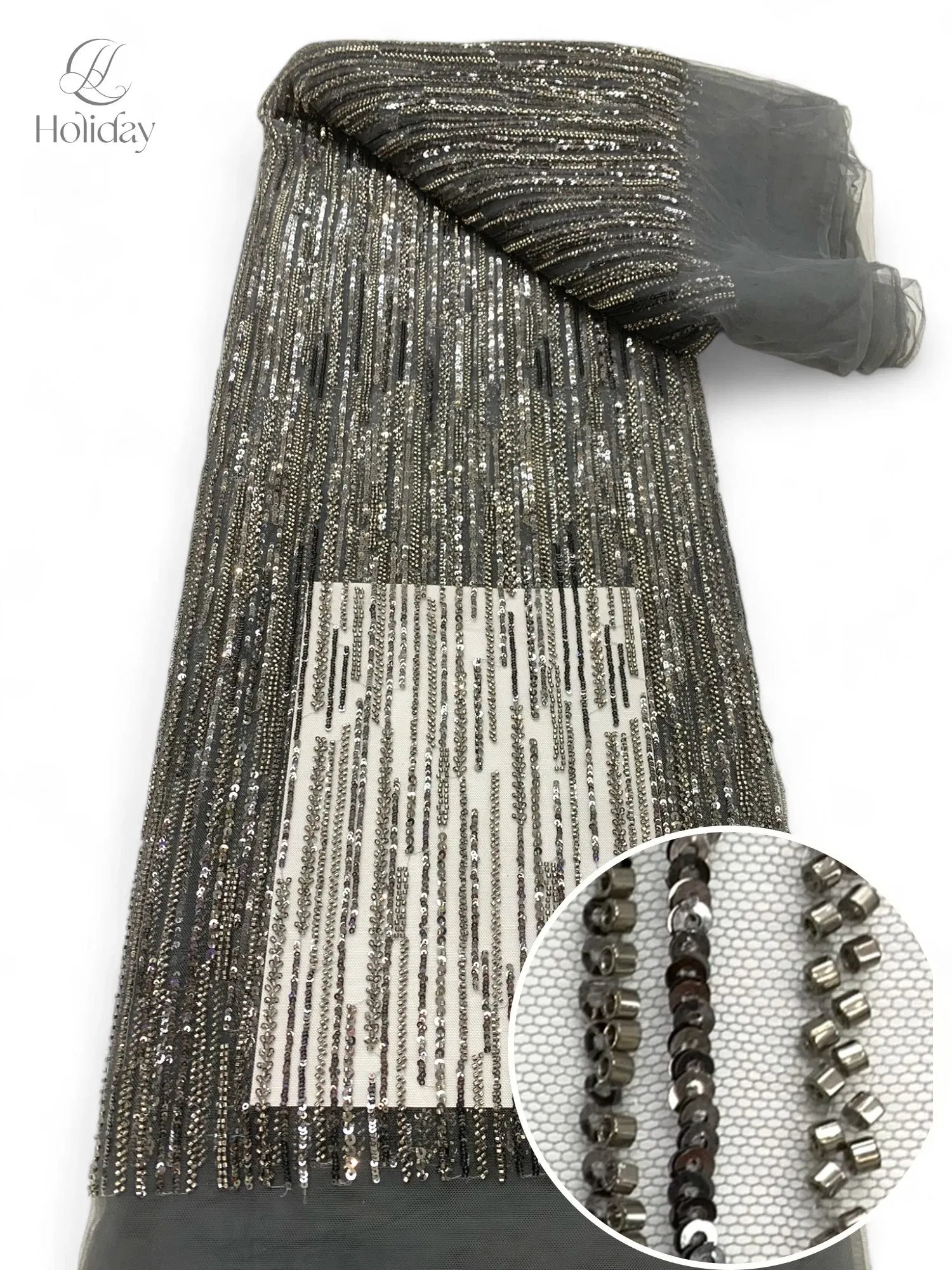 Color: Blue, Width: 130cm, Length: 3 YARDS - 3Y/piece Latest Nigerian Sequins Lace Fabric  Beaded Lace Fabric Luxury French Embroidery Groom Lace Fabric For Wedding Dress