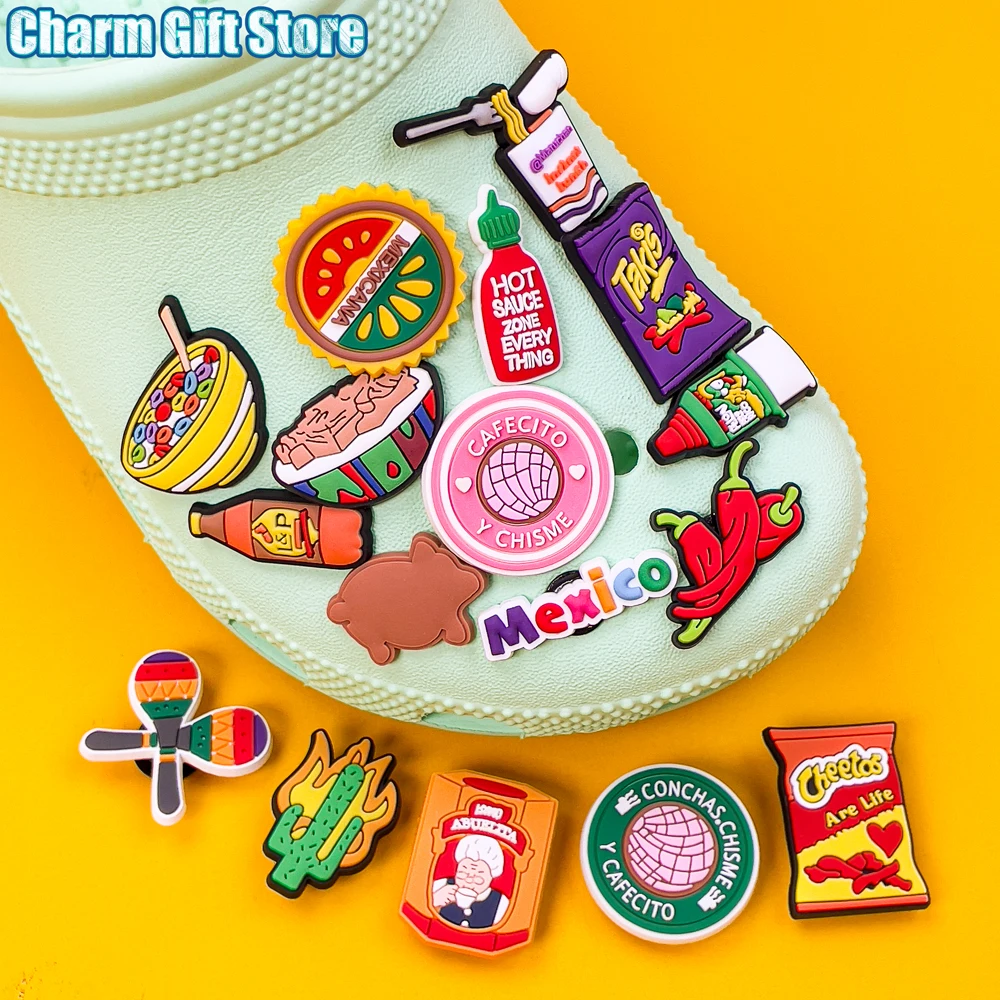 Color: Champagne - 1pcs Mexico Style PVC Sandal Charms Cheetos Takis Shoe Charms for Sneakers Cactus Pin Bread Noodles Shoe Decorations Buckle