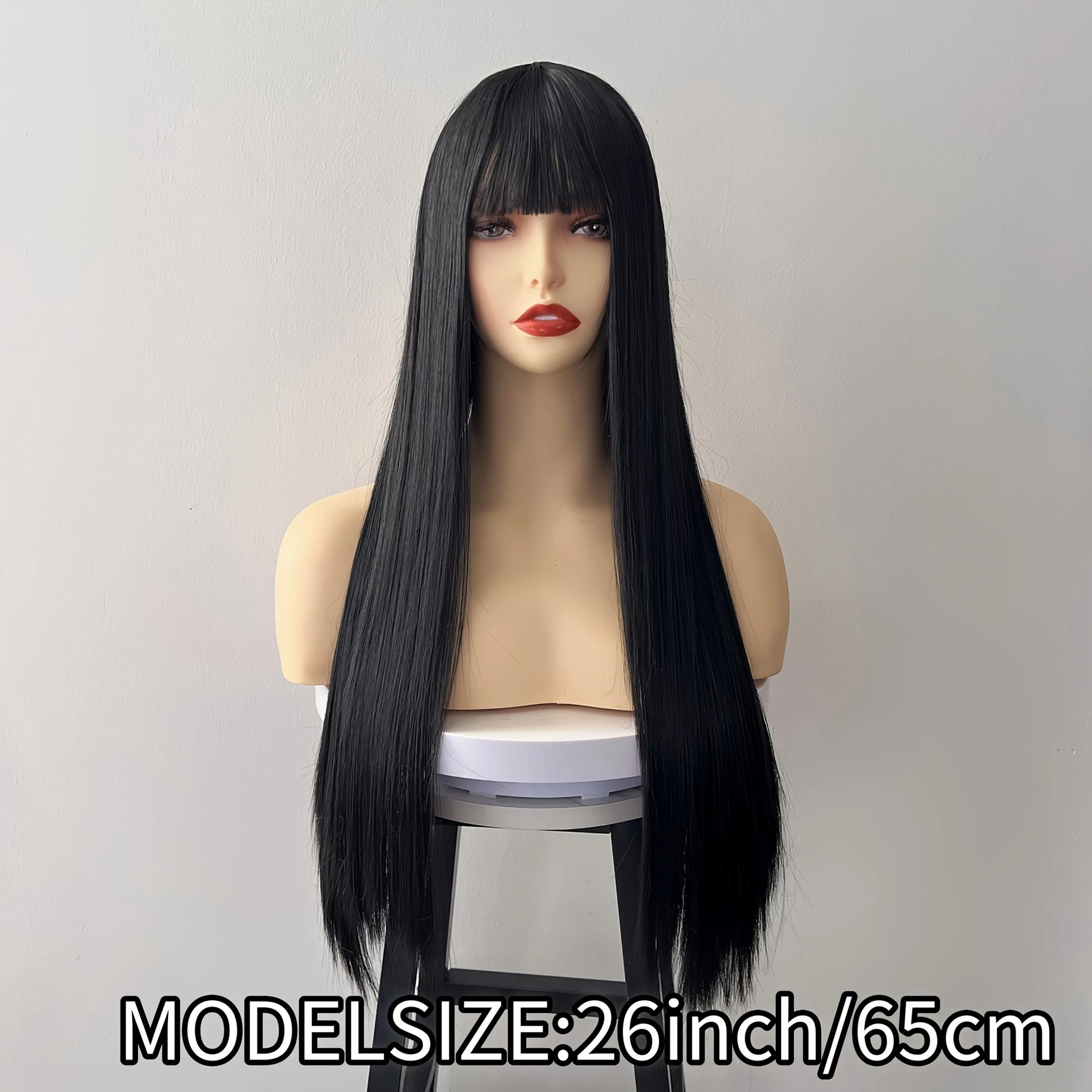 Color: #1B, Stretched Length: 26inches, Bulk Buy: 1pc - 26" Long Straight Synthetic Wig for Women with Bangs - Heat Resistant, Natural Soft Hair