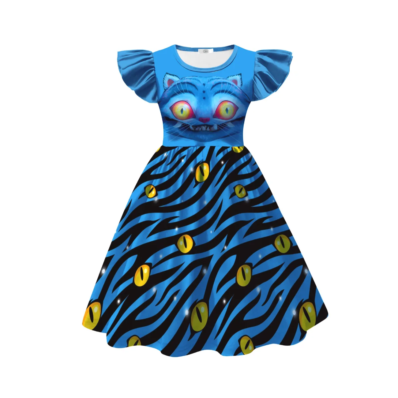Color: SKY BLUE, Kid Size: 5 - Festival Children Carnival Masquerade Elegant Party Kids Clothes Fashion Girls KPop Demon Hunter Tiger Print Dress for 3-14Years