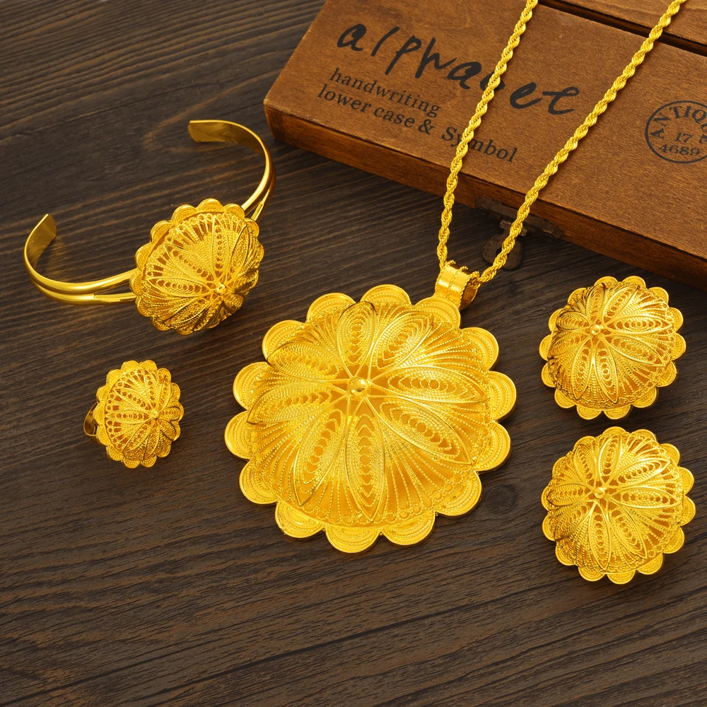 24K Gold Plated Fashion Ethiopian Earrings/Big Pendant/Ring/Bangle Jewelry Sets Gold Plate Africa Bride Wedding Eritrea Set Gift