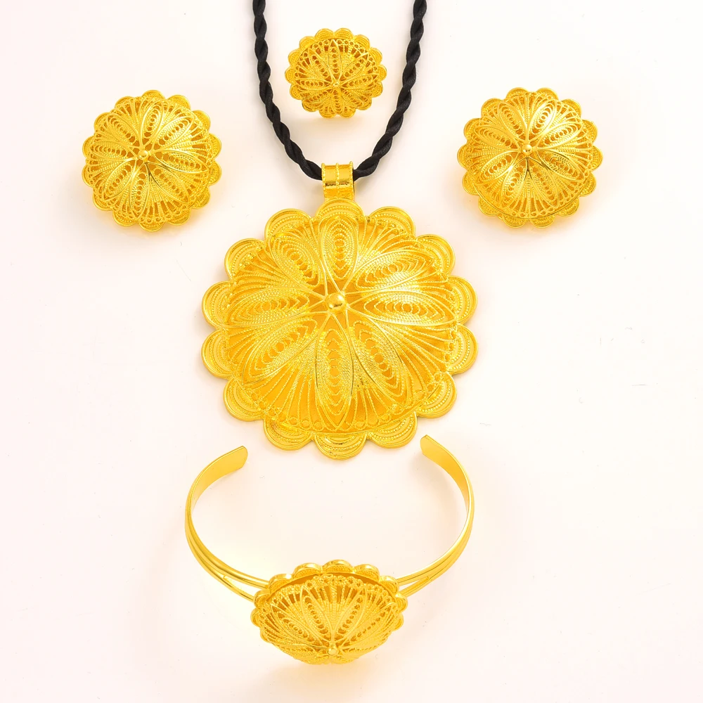 24K Gold Plated Fashion Ethiopian Earrings/Big Pendant/Ring/Bangle Jewelry Sets Gold Plate Africa Bride Wedding Eritrea Set Gift