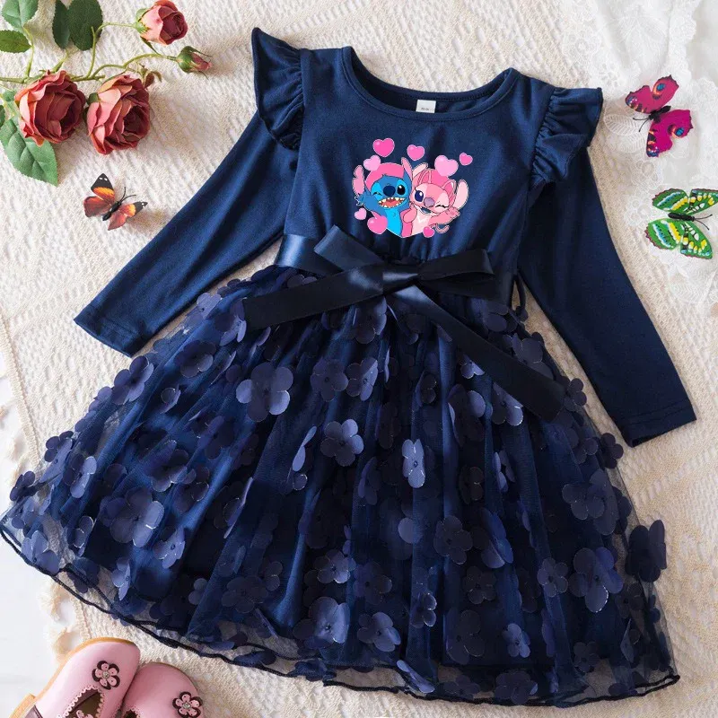 Color: Dark Purple, Size: One Size, Height: 176 - Lilo Stitch Girl Baby Dresses Spring Autumn Child Long Sleeve Sweet Princess Dress Mesh Newborn Casual Dress Birthday Party 2-6Y