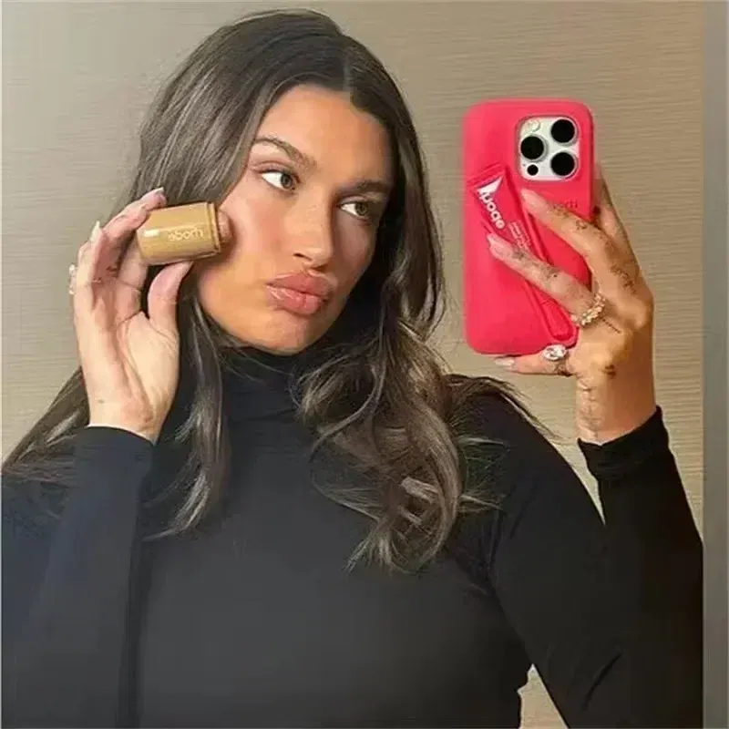 Color: Blue, Material: Denim - Lipstick Soft Silicone DIY Rhode Phone Case for IPhone 16 Pro Max 16Pro 16Plus Portable Lip Gloss Holder Ins Hot Cover