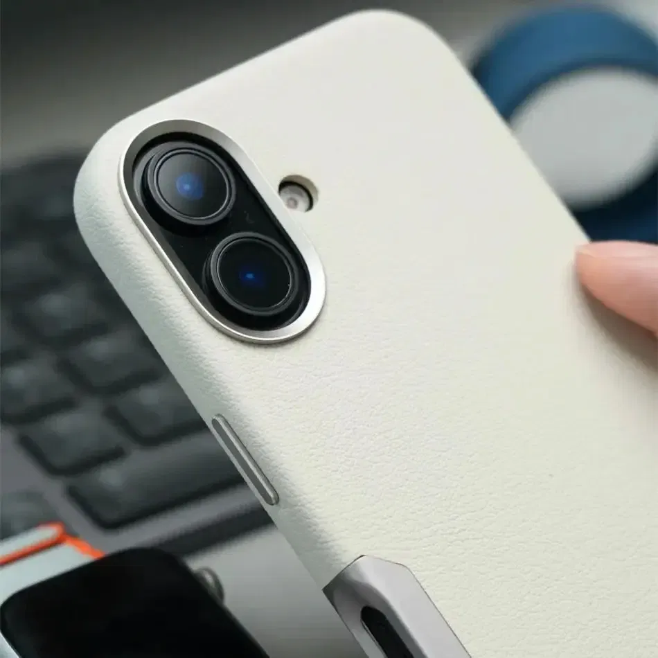 Color: Beige, Material: Vinyl - Aluminium Camera Button For iPhone 16 Pro Max Case Solid Leather Alloy Len Magnetic Wireless Charge Shockproof Cover For Magsafe