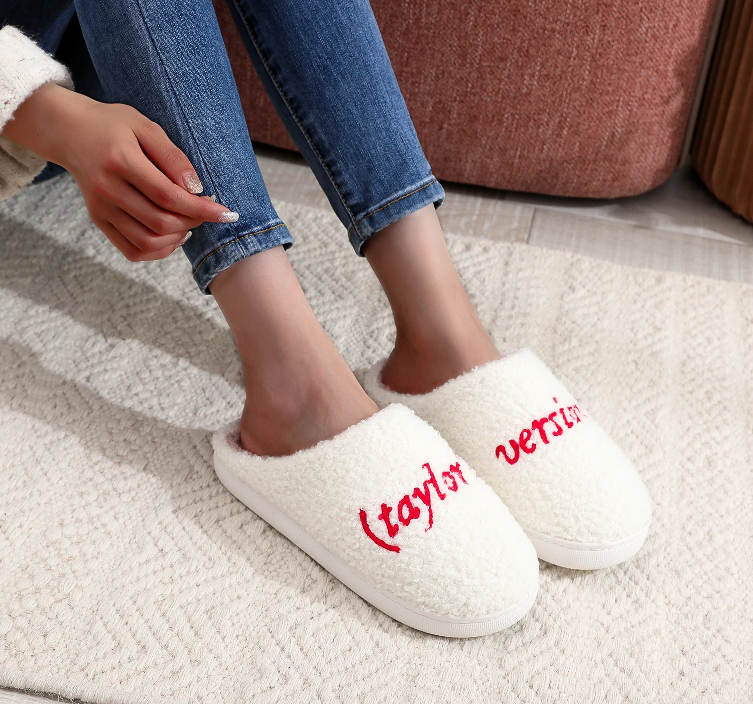 Color: WHITE, Shoe Size: 36 - Winter home home tapors version pattern cotton slippers non-slip thick-soled wool cotton slippers