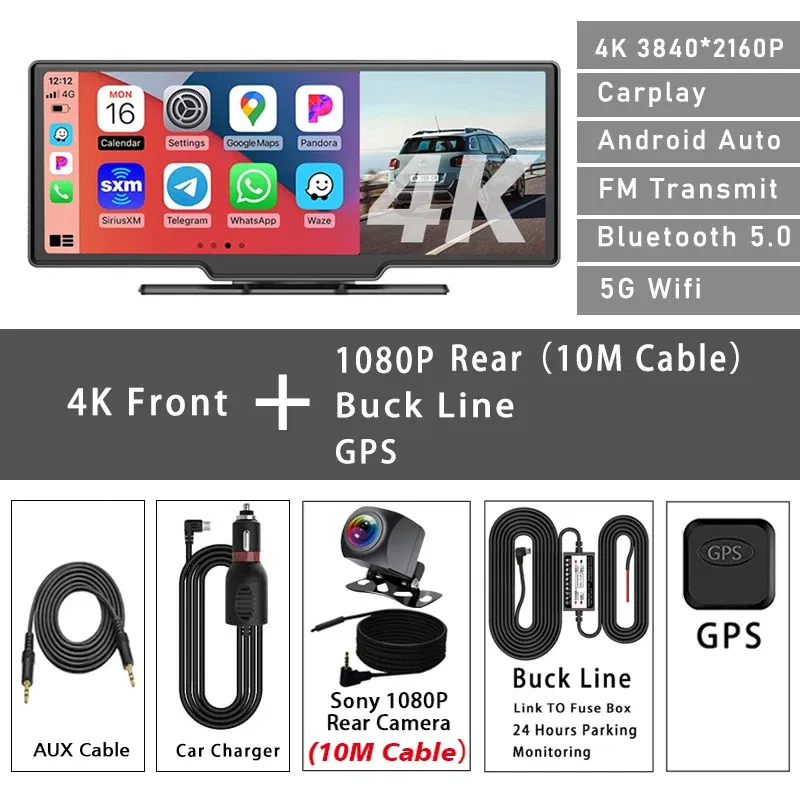 32G - Car Dvr 10.26 Inch 4K 3840*2160P Carplay Android Auto Dash Cam GPS 5G WIFI FM BT Dual Lens Camera Dashcam Drive Recorder