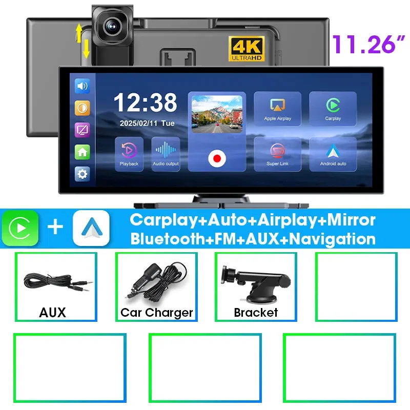 Color Name: GRAY, Sd Card Memory: 8g - JMCQ 11.26 inch Touch Screen Car DVR 4K Dash Cam 5G WiFi Wireless Carplay Android Auto GPS Navigation BT Video Recorder FM AUX