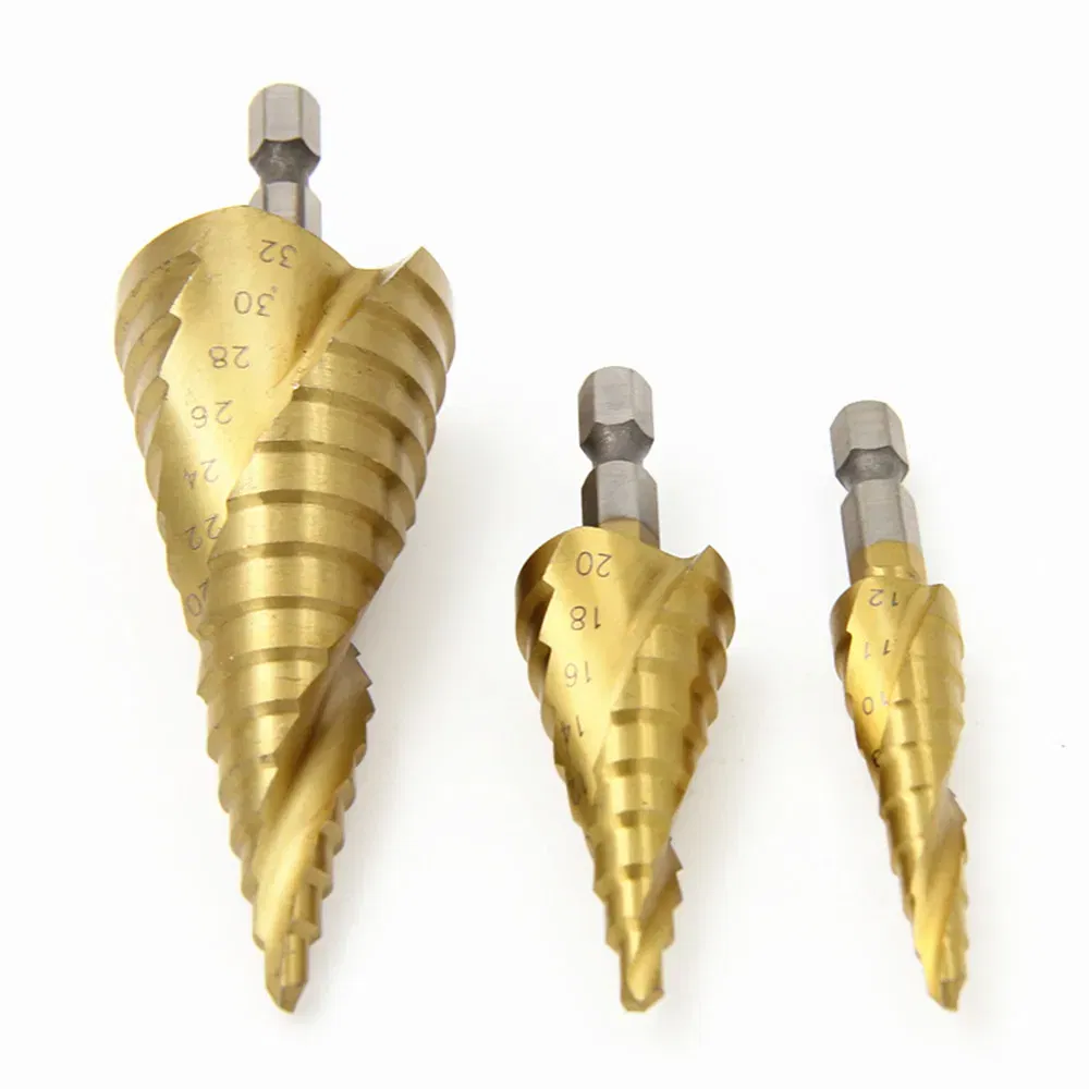 Color: Silver - 3pcs Spiral Grooved Drill Bits 3-12 4-12 4-20 Drilling Power Tool Metal Stainless Steel Wood Hole Cutter Cone Fast Drill Bit Set