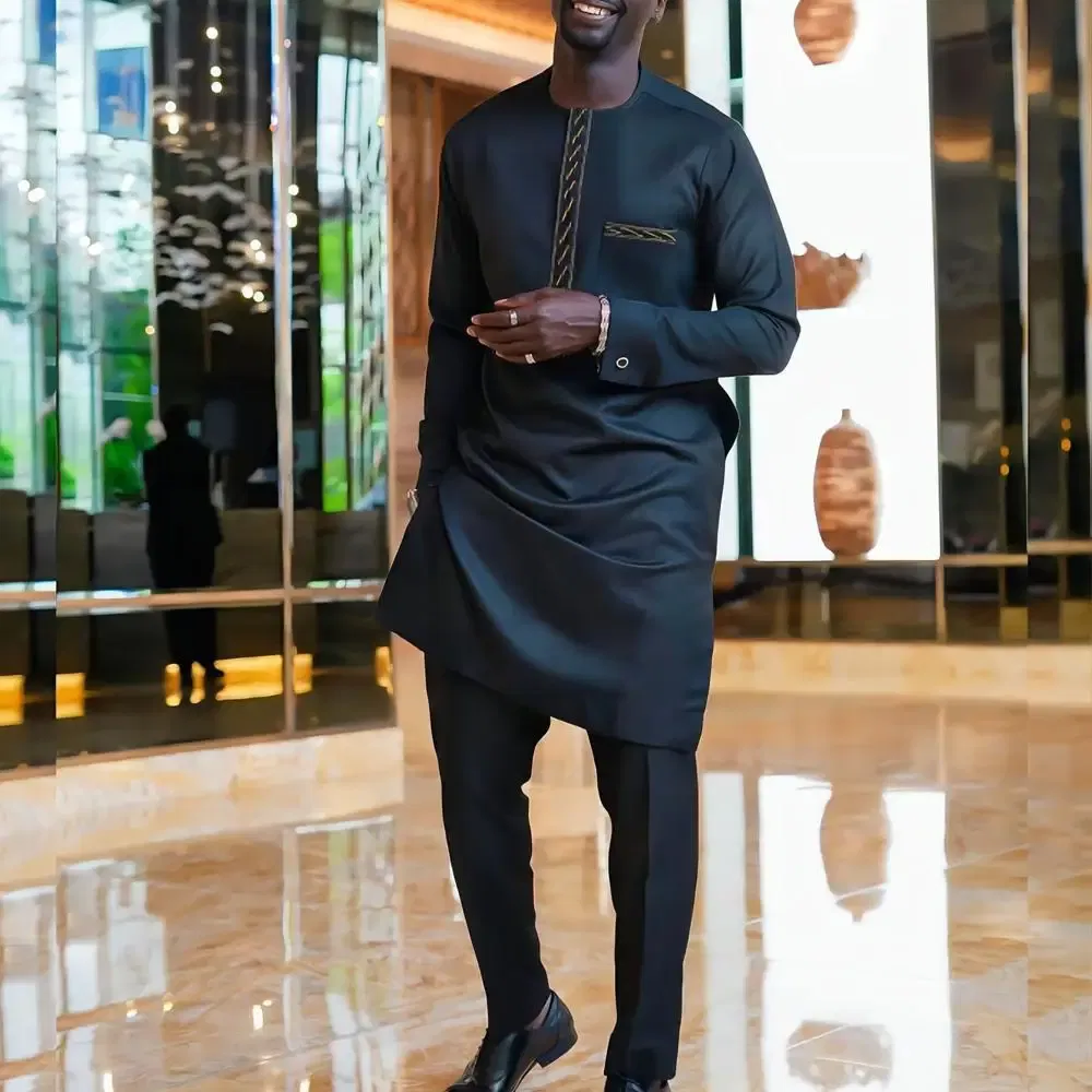 New Dashiki Men's Set Grey Round Neck Long Sleeve Luxury Brand Men's Suit Casual Slim Fit Men's Set Wedding Evening Suit