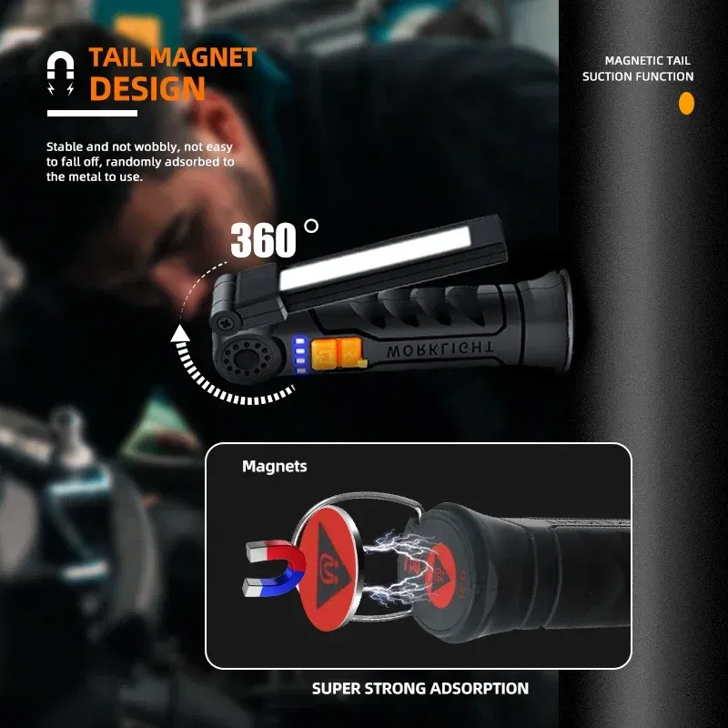 Emitting Color: changeable - Portable COB LED Flashlight USB Rechargeable Work Light Magnetic Lanterna Hanging Lamp with Built-in Battery Camping Torch