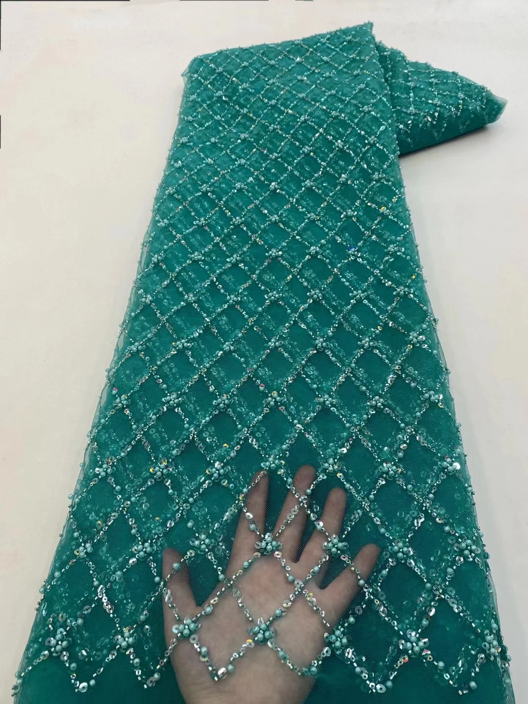 Color: BROWN, length: 5 yards, Width: 120cm - African Lace Fabric 2024 French Beaded Lace Fabric Nigerian Sequins Embroidery Net Lace Fabrics For Bridal Party Dresses