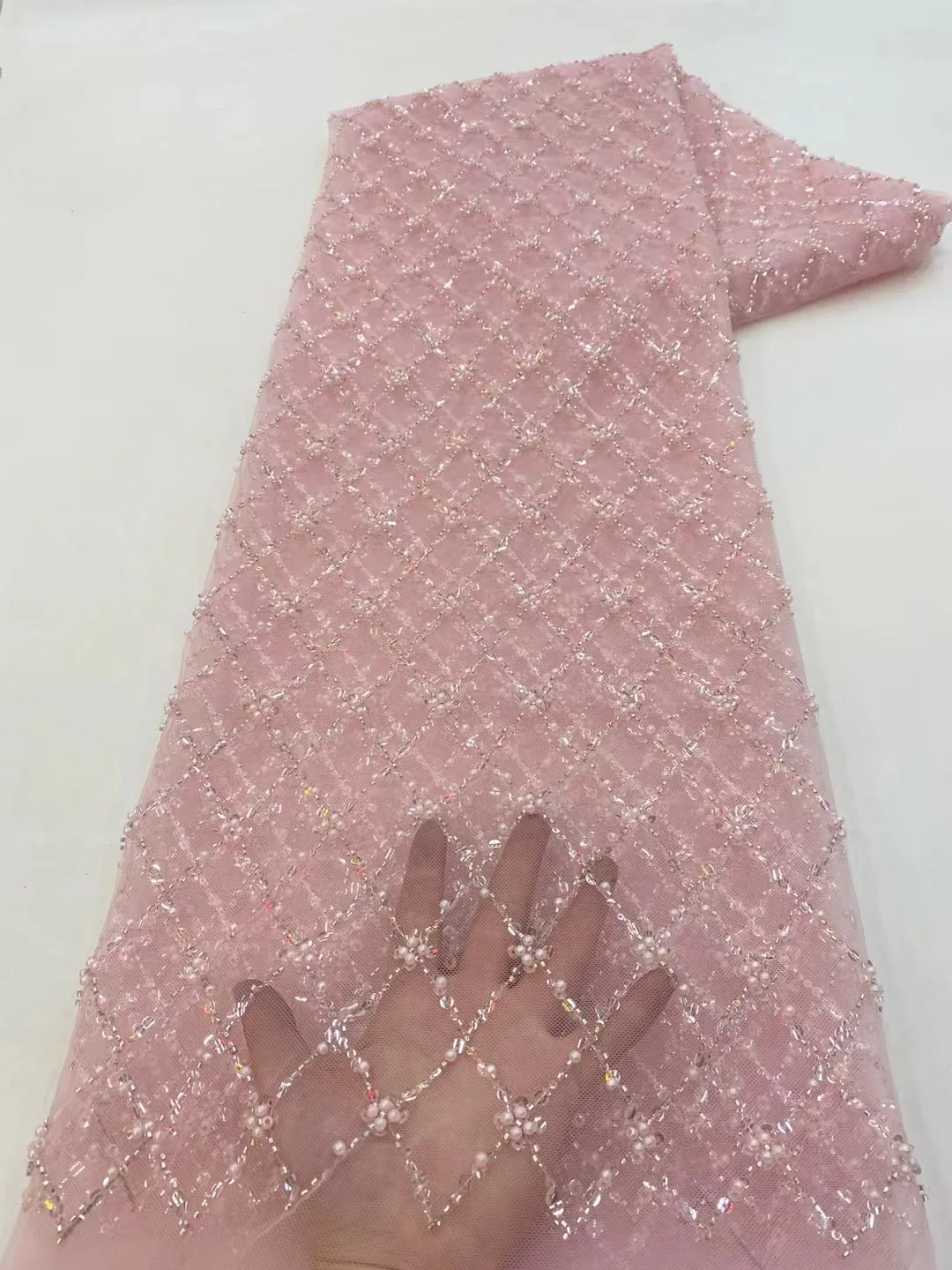 Color: BROWN, length: 5 yards, Width: 120cm - African Lace Fabric 2024 French Beaded Lace Fabric Nigerian Sequins Embroidery Net Lace Fabrics For Bridal Party Dresses