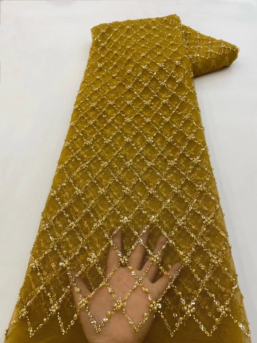 Color: BROWN, length: 5 yards, Width: 120cm - African Lace Fabric 2024 French Beaded Lace Fabric Nigerian Sequins Embroidery Net Lace Fabrics For Bridal Party Dresses