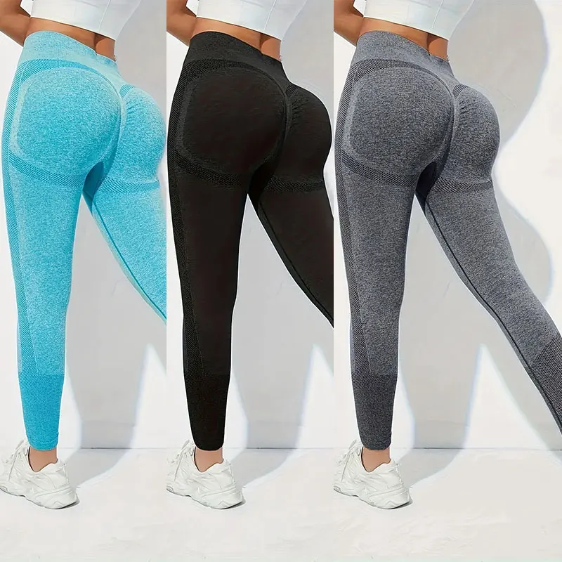 Size: M, Color: Dark blue - Yoga Basic 3pcs Fitness Gym Tights Seamless Hip-hugging Tummy Control Yoga Leggings With Punch Out Holes