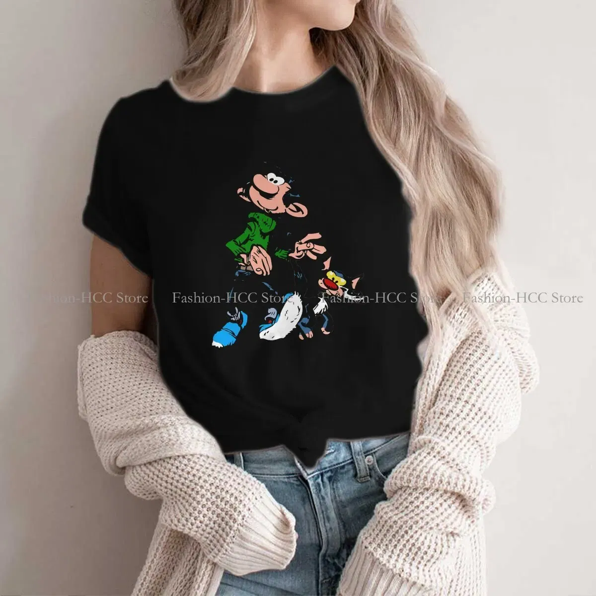 Color: black, Size: XXL - Gaston Lagaffe Comic Polyester TShirts Cartoon Color Big Ben Walking With Cat Classic Personalize Homme T Shirt Funny Tops