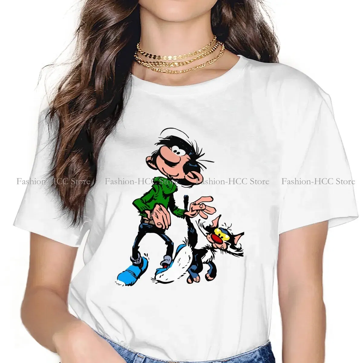 Color: black, Size: XXL - Gaston Lagaffe Comic Polyester TShirts Cartoon Color Big Ben Walking With Cat Classic Personalize Homme T Shirt Funny Tops