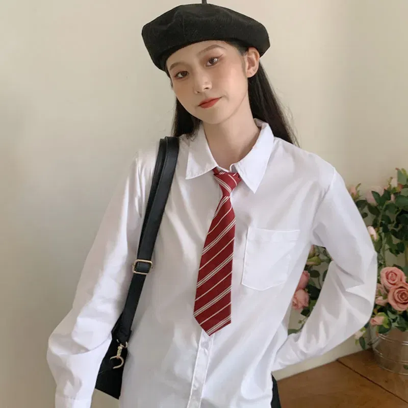Color: WHITE, Size: S - MEXZT Japanese Women Solid White Shirts Spring Jk Preppy Style Long Sleeve Student Blouse Fashion Button Female Pocket Tops New
