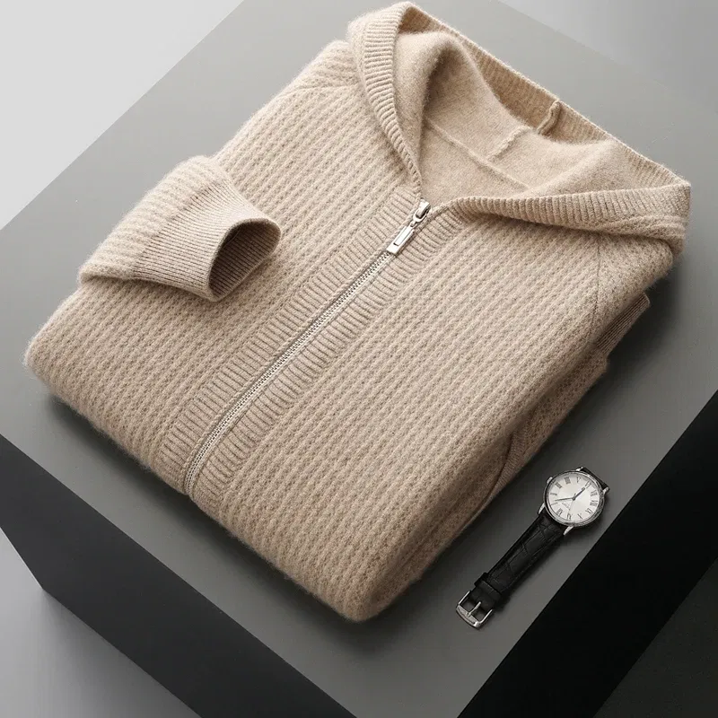 Merino Wool Knitted Cardigan For Men Hooded Sweater Casual High-end Jacket Men's long Sleeved Wool Sweater Coat