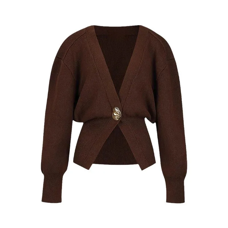 Color: Dark Brown, Size: M - Women's Knitted Sweater with Elegant Temperament, Solid Color, Long Sleeved Buttons, Knitted Open