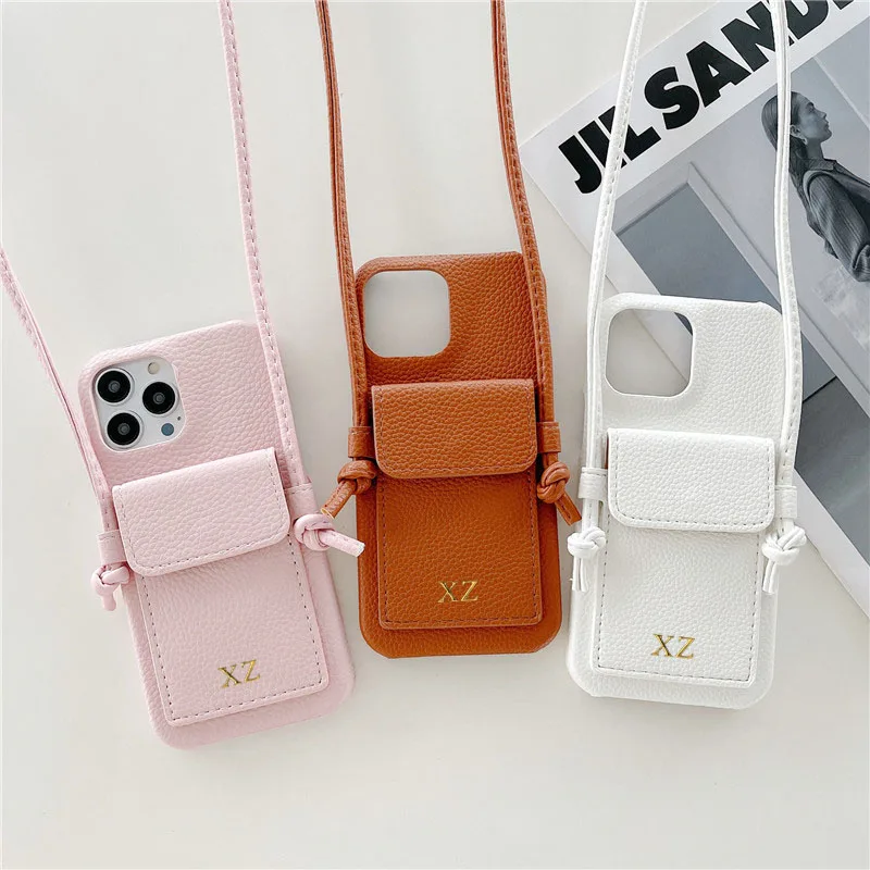 Color: Khaki, Material: PP - Personalized Gold Silver Letters Leather PU Card Holder Lanyard Hard Case For iPhone 14 13 12 11 15 Pro Max XS XR 16 Plus Cover