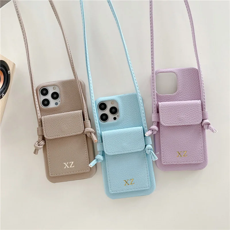 Color: Khaki, Material: PP - Personalized Gold Silver Letters Leather PU Card Holder Lanyard Hard Case For iPhone 14 13 12 11 15 Pro Max XS XR 16 Plus Cover