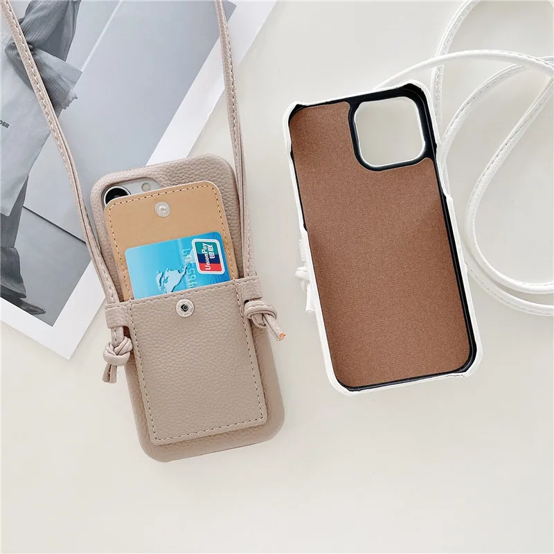 Color: Khaki, Material: PP - Personalized Gold Silver Letters Leather PU Card Holder Lanyard Hard Case For iPhone 14 13 12 11 15 Pro Max XS XR 16 Plus Cover