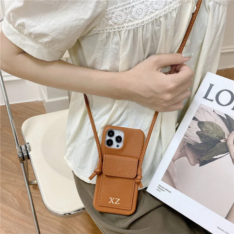 Color: Khaki, Material: PP - Personalized Gold Silver Letters Leather PU Card Holder Lanyard Hard Case For iPhone 14 13 12 11 15 Pro Max XS XR 16 Plus Cover