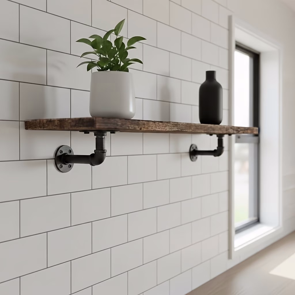 2 Pack 60cm/100cm Industrial Pipe Wall Shelf – Rustic Wood Floating Bookshelf with Black Iron Brackets