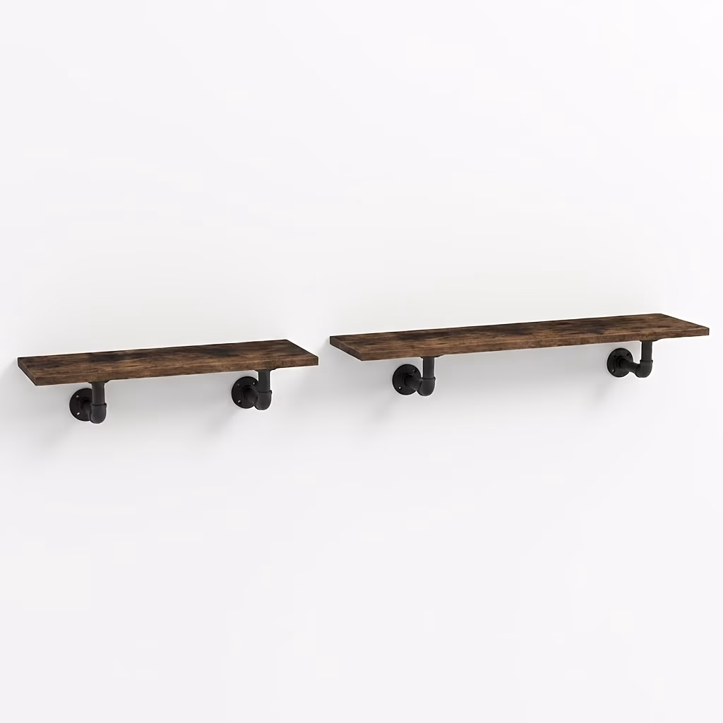 2 Pack 60cm/100cm Industrial Pipe Wall Shelf – Rustic Wood Floating Bookshelf with Black Iron Brackets