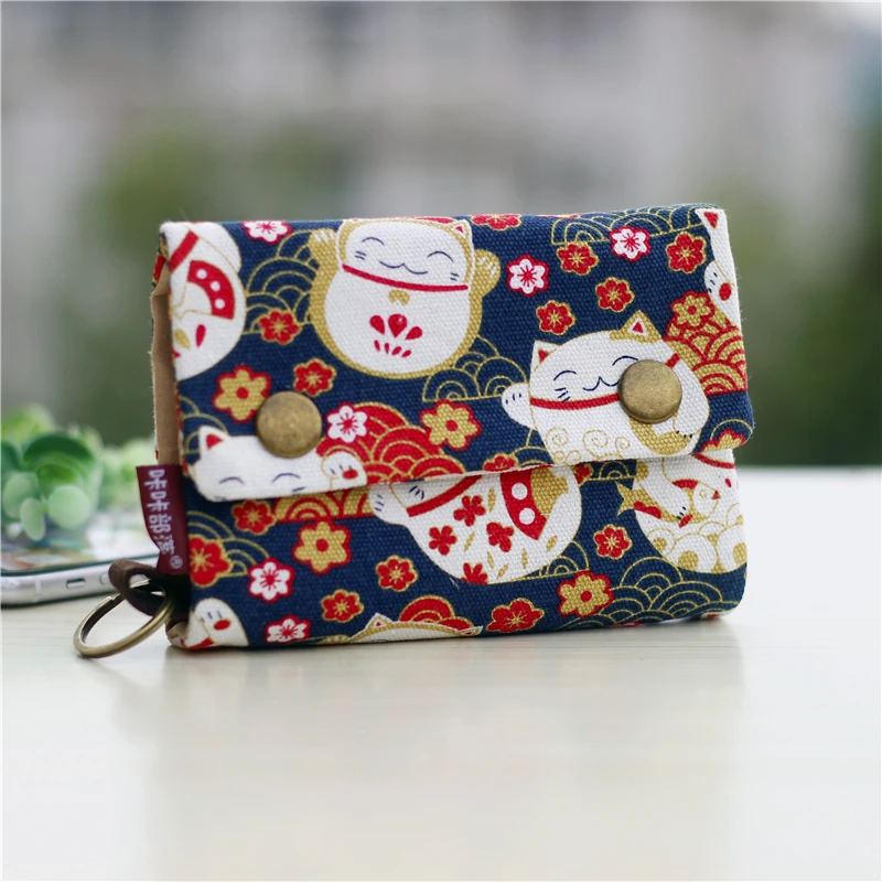 Color: wine red - Handmade Three Fold Fabric Wallet Women Men Simple Short Zipper Purses for Teens Personality Multi-function Key Bag Card Holder