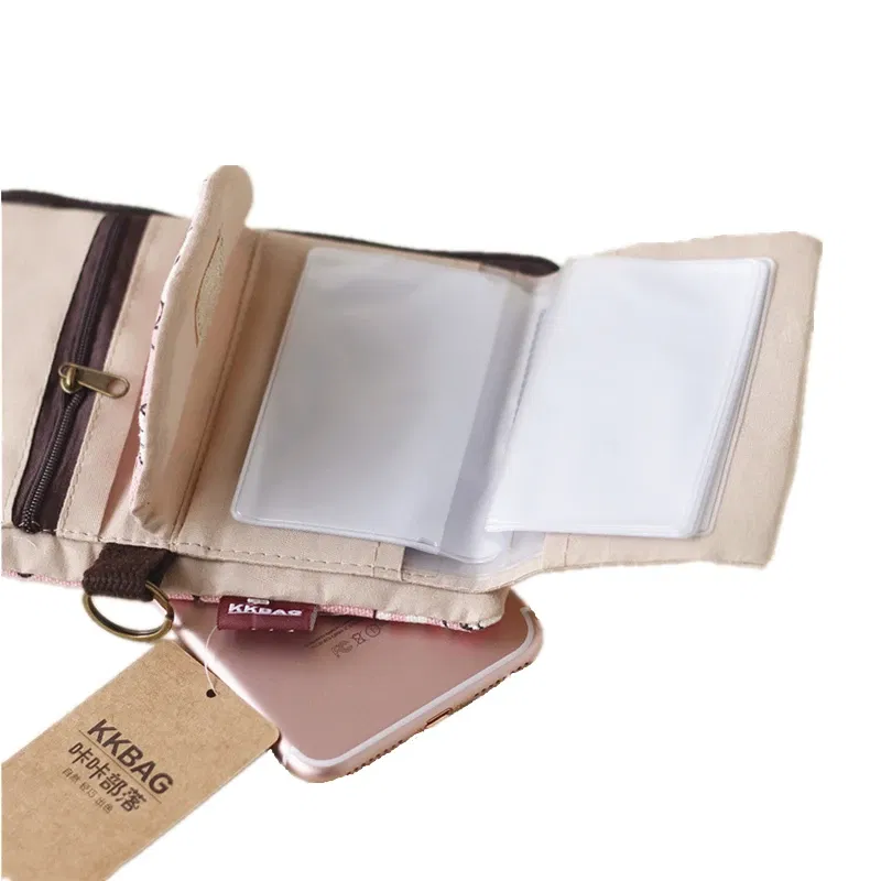Color: wine red - Handmade Three Fold Fabric Wallet Women Men Simple Short Zipper Purses for Teens Personality Multi-function Key Bag Card Holder
