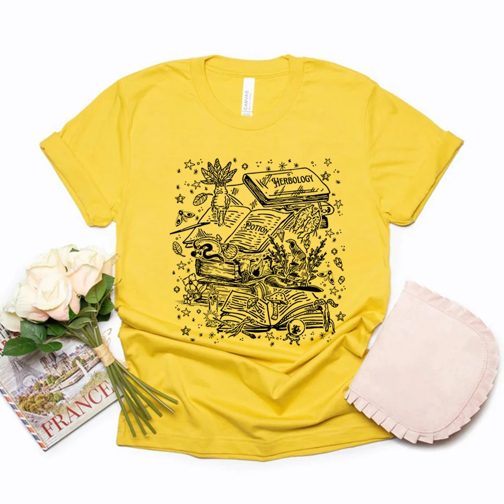 Color: Yellow, Size: XL - Vintage Herbology Witchcraft Shirt Herbology Plants T-Shirt Magcal Wizard Botanical Plant Lover Tees Fantasy Book Fandom Merch