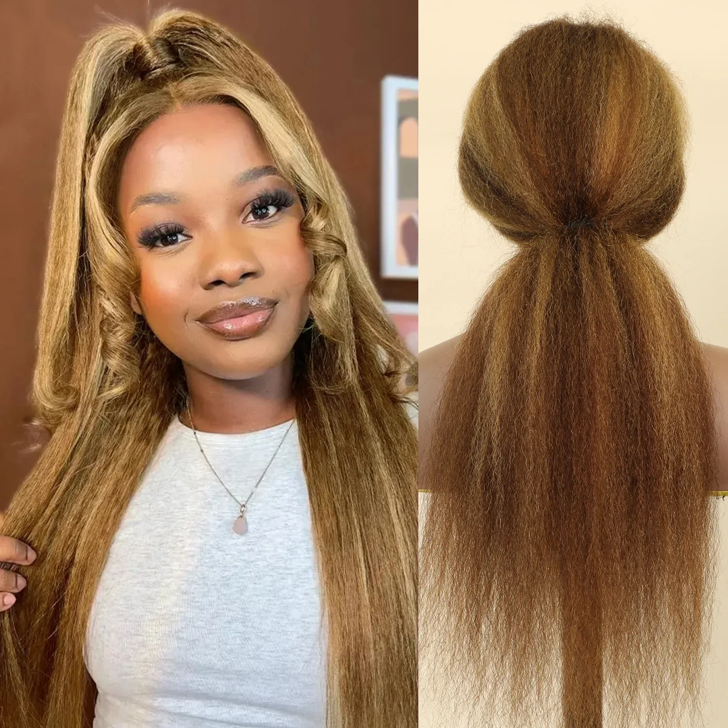 Stretched Length: 24inches, Density: 200% - 13x6 Highlight Brazilian 4/27 Brown Blonde Color Lace Wigs Kinky Straight Transparent Lace Front Human Hair Wig For Women