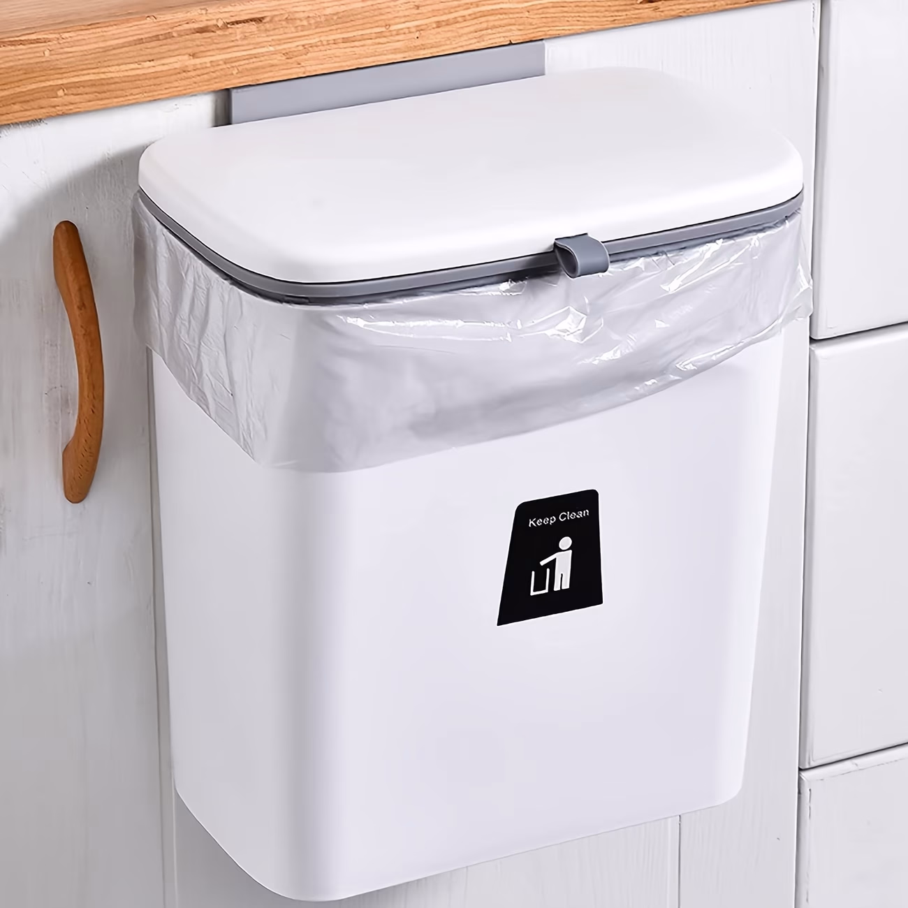Kitchen Cabinet Door Hanging Trash Can with Lid and Scraper – Wall Mount or Door Hook Installation for Kitchen, Bathroom, and RV