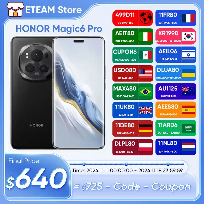 Color: WHITE, Ships From: CHINA, Bundle: Official Standard - Original HONOR Magic6 Pro smartphone android Global Version Snapdragon 8 Gen 3 120HZ 6.8" Quad-Curved  180MP Camera 5600mAh