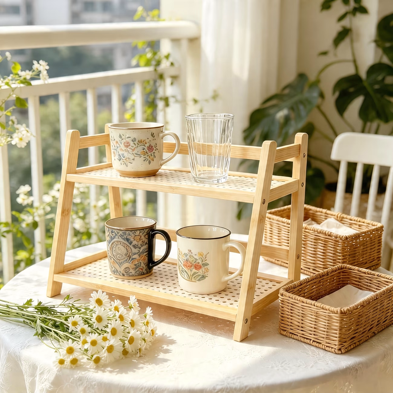 Woven Rattan Shelf – Desktop Organizer with Layered Shelves for Office, Dorm, and Bedroom