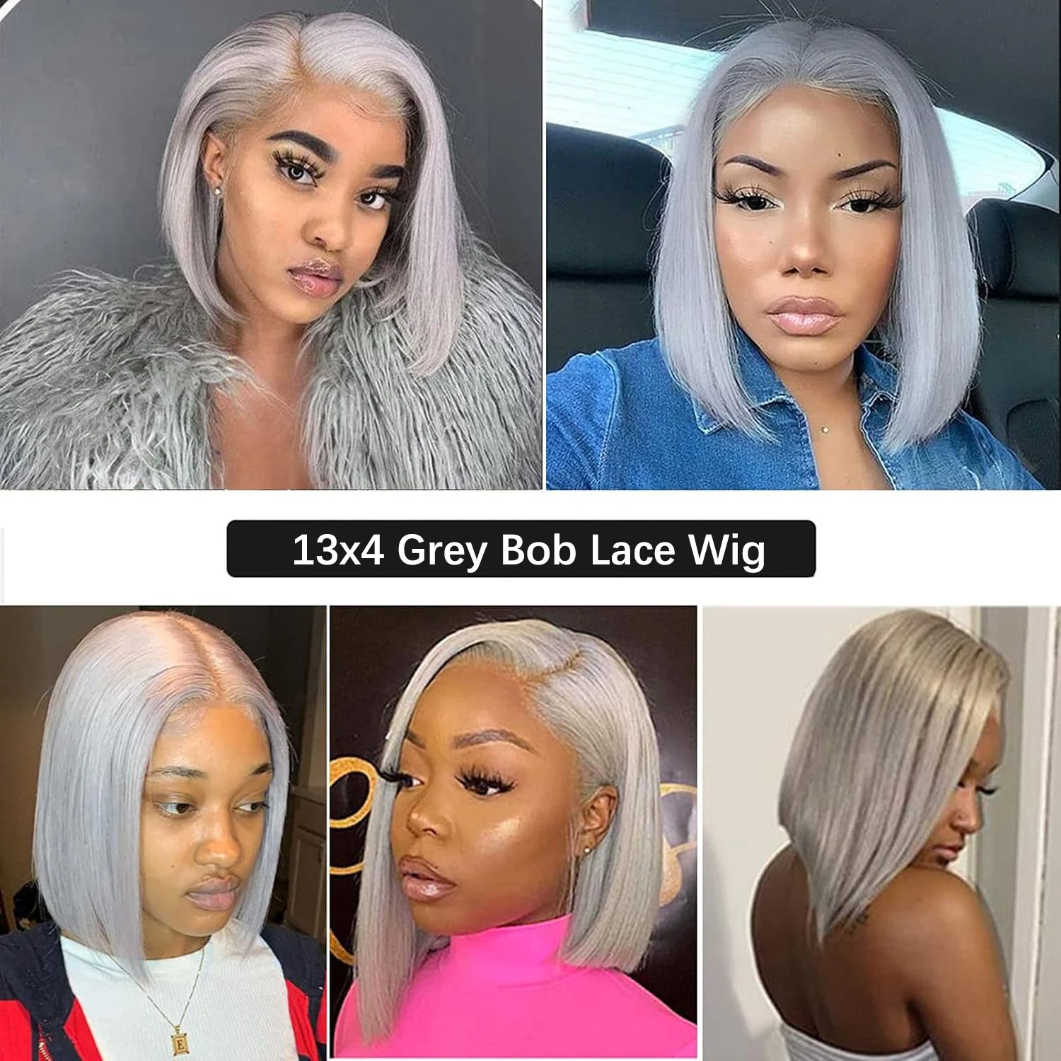 Grey Straight Short Bob Wig Human Hair 13x4 Lace Front Frontal Wig 200 Density Sliver Gray Bob Lace Front Human Hair Wigs