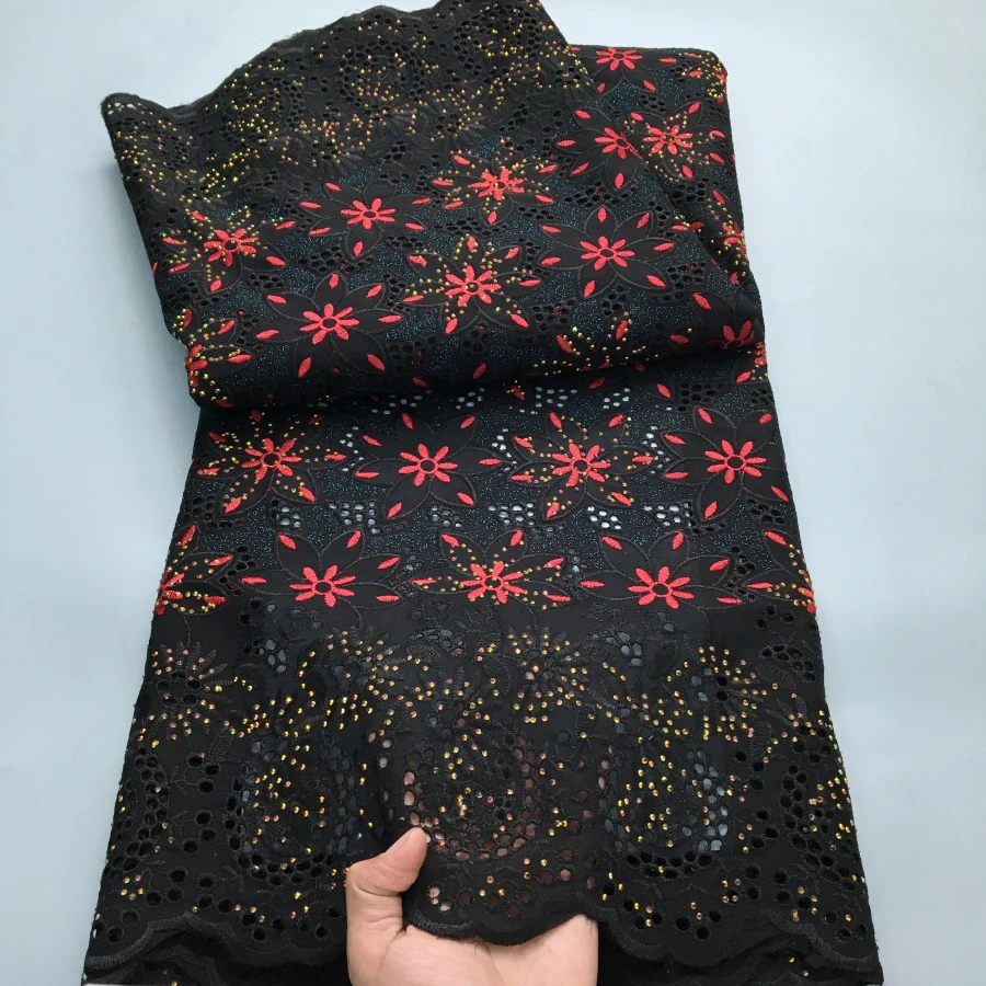 Color: RED, length: 5 yards, Width: 120cm - Black Swiss Lace Fabric High Quality 2025 Embroidered Rhinestones Nigerian Cotton Lace Fabric African Dress for Women Sew A4212