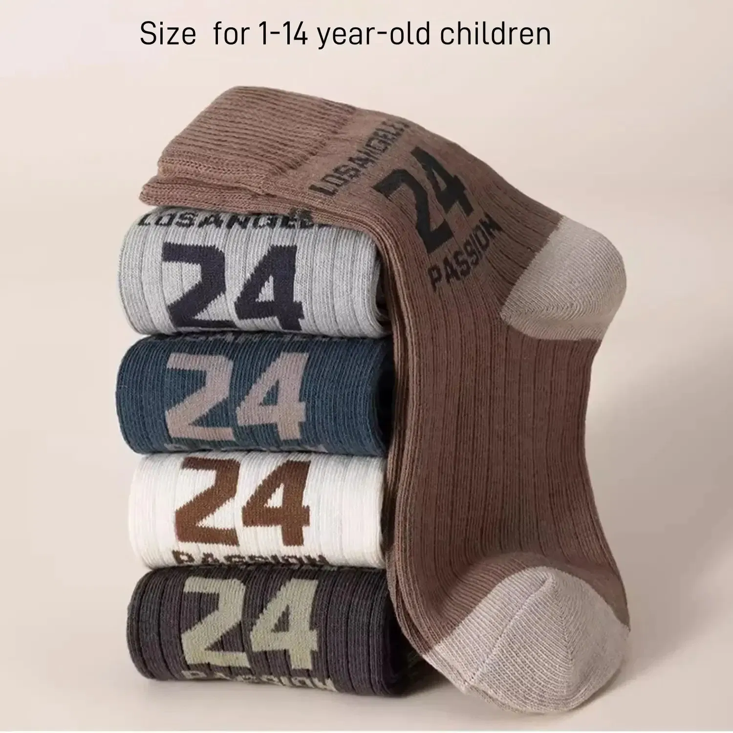Color: Beige, Size: 10-12T - 5 Pairs Boys Socks Autumn Cotton Socks Baby Child 1-14T  Kids Cartoon Bear Pattern Sport Sock