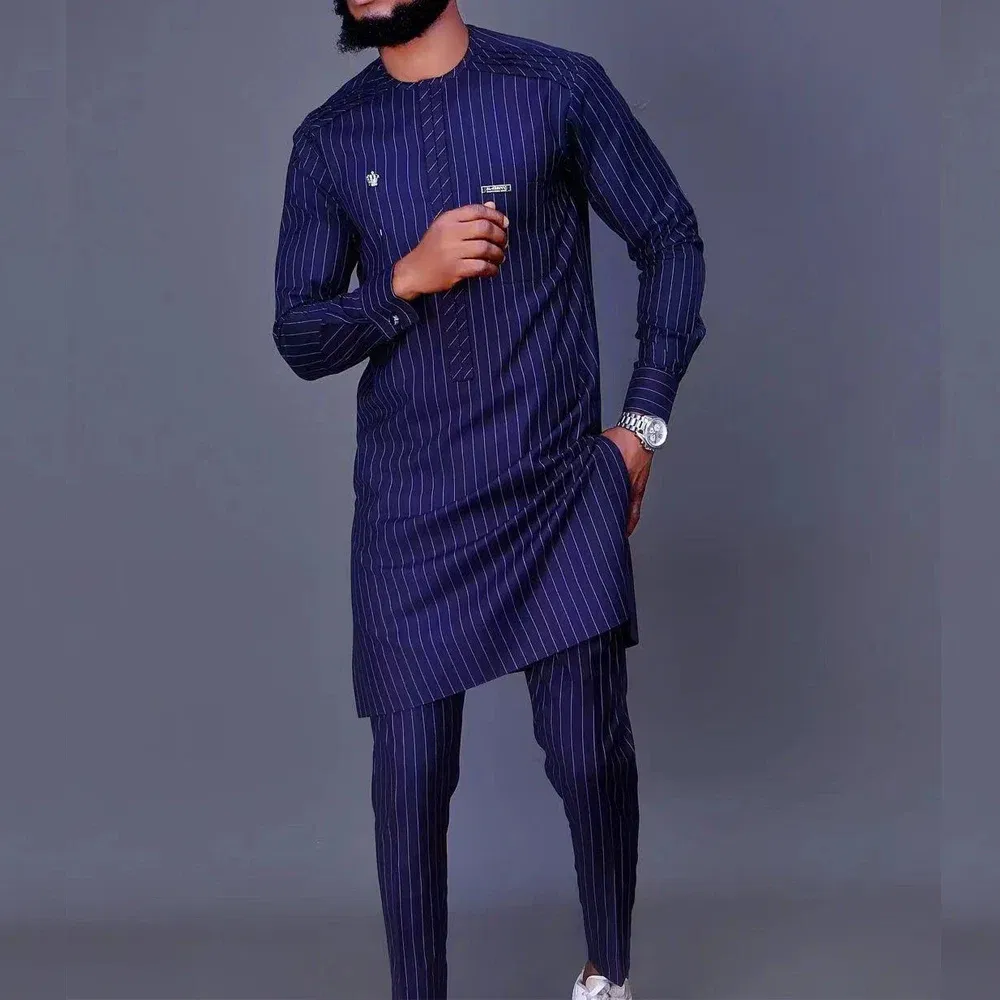 Color: Khaki, Size: M - New Men's Tenos Wedding 2-Piece Suit Waist Pants Shirt Solid Color Panel Long Sleeve Party African Ethnic Style Clothing (M-4XL)
