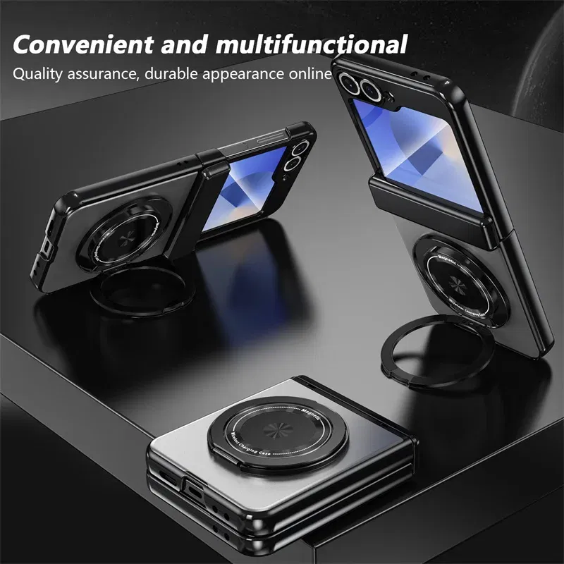 Color: Gold, Material: aluminum - 360?° Magnetic Rotate Holder Ring Phone Case For Samsung Galaxy Z Flip 6 5 4 Flip6 Flip5 Flip4 Flip3 Hard Shell Protection Cover